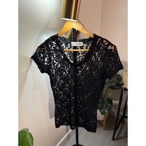 TomsWare Black Floral Lace V-Neck Short Sleeve Top Sheer Y2K Style Small